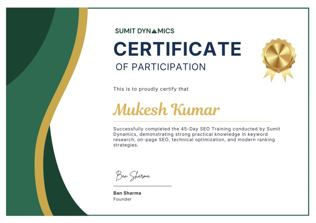 seo certificate of sumit dynamics academy